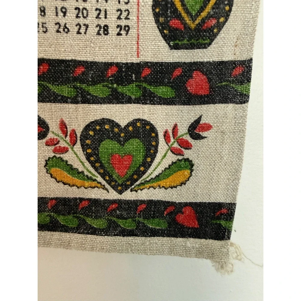VTG 1973 Parisian Print Linen Kitchen Calendar Tea Towel Amish Dutch Country